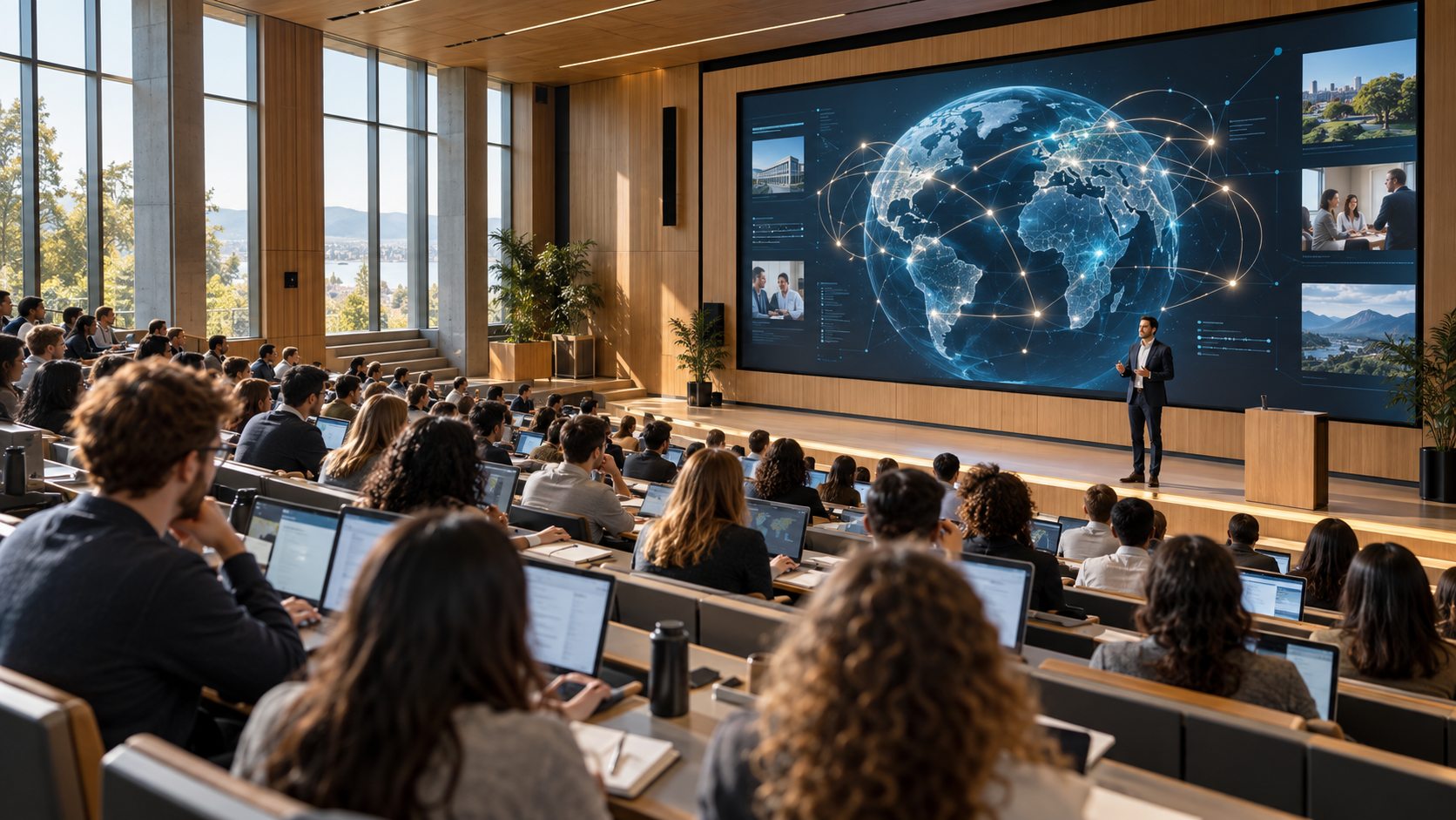 Salle universitaire connectée avec enseignant et étudiants